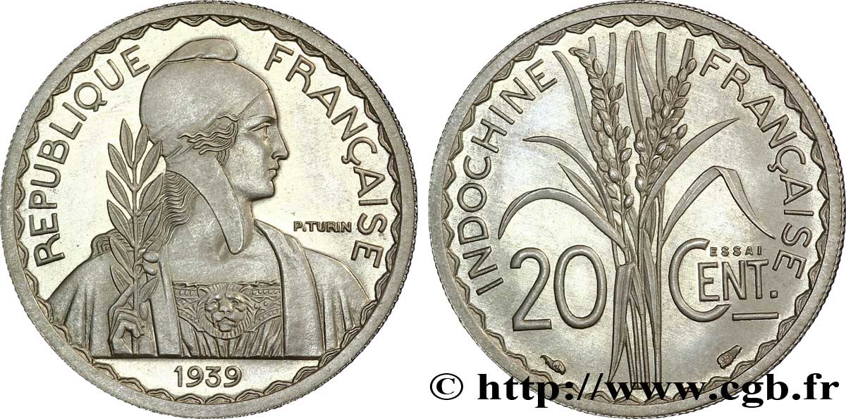 III REPUBLIC - INDOCHINE Pré-série avec le mot Essai 20 centimes, 5 g ? 1939 Paris MS 