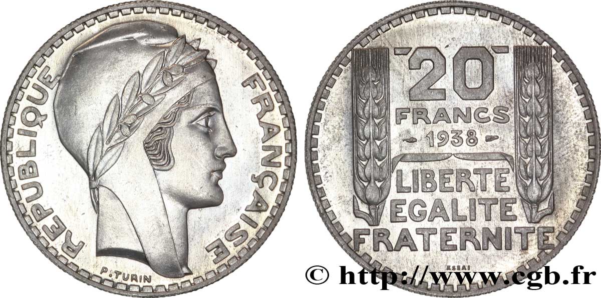 Préparation de la 20 francs Pétain, type Turin, essai en aluminium, tranche striée, 5 g 1938  VG.5489  b MS 