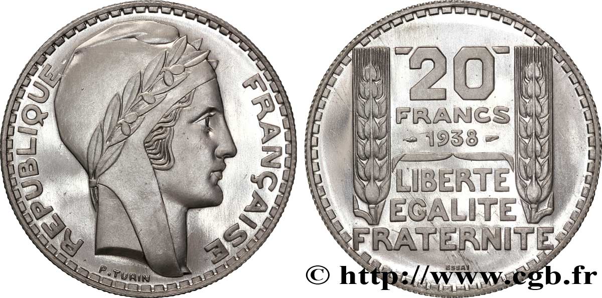 Préparation de la 20 francs Pétain, type Turin, essai en aluminium, tranche striée, 3,6 g 1938  G.853  fST 