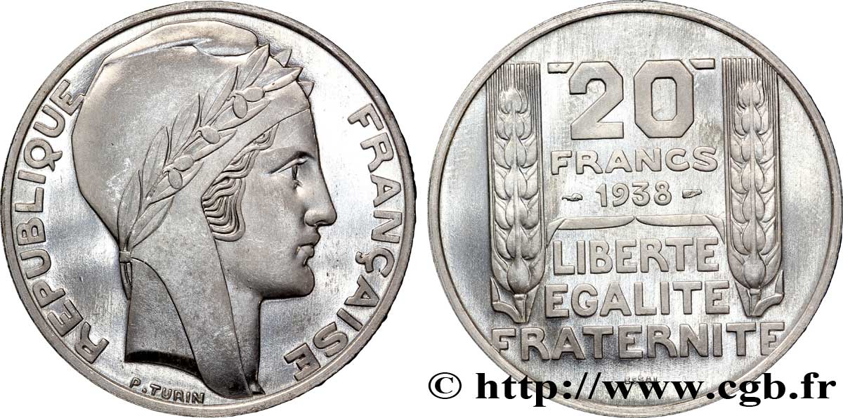 Préparation de la 20 francs Pétain, type Turin, essai en aluminium, tranche lisse, 5 g 1938  VG.5489  b FDC 