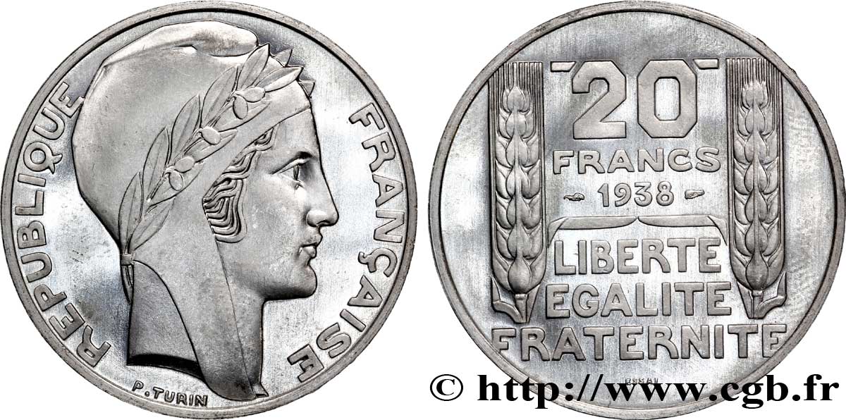 Préparation de la 20 francs Pétain, type Turin, essai en aluminium, tranche lisse, 4,6 g 1938  VG.5489  b MS 