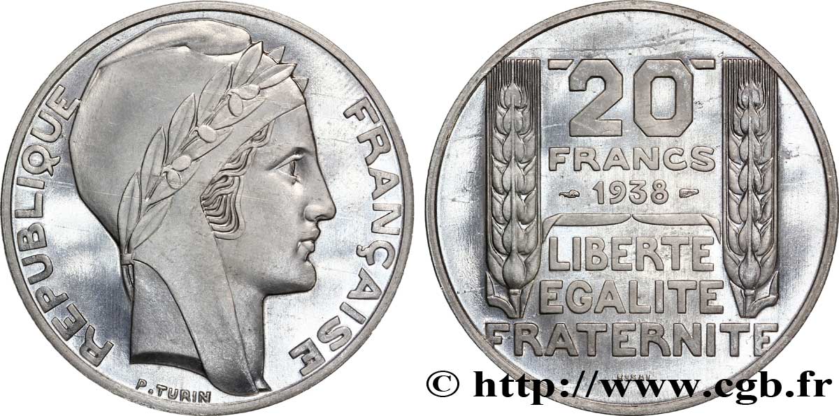 Préparation de la 20 francs Pétain, type Turin, essai en aluminium, tranche lisse, 4 g 1938  VG.5489  b MS 