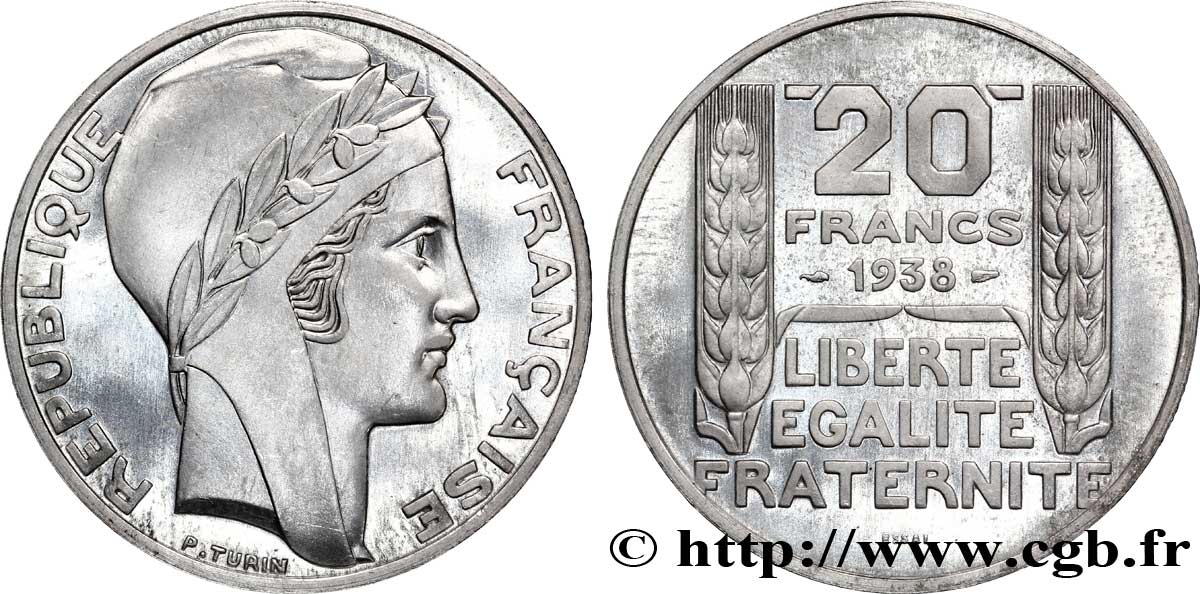 Préparation de la 20 francs Pétain, type Turin, essai en aluminium, tranche lisse, 3,6 g 1938  VG.5489  b FDC 