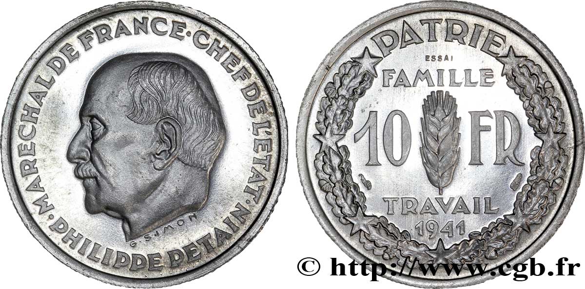 Essai de 10 francs Pétain en aluminium de Simon, poids moyen 1941  VG.5571  MS 