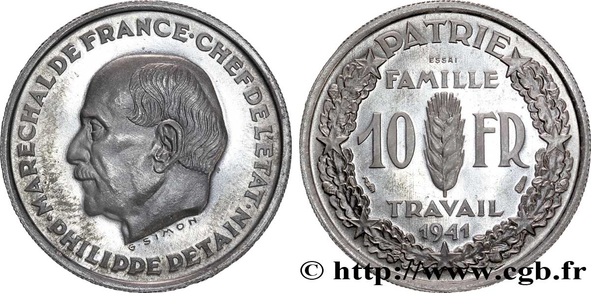 Essai de 10 francs Pétain en aluminium de Simon, poids léger 1941  VG.5571  MS 