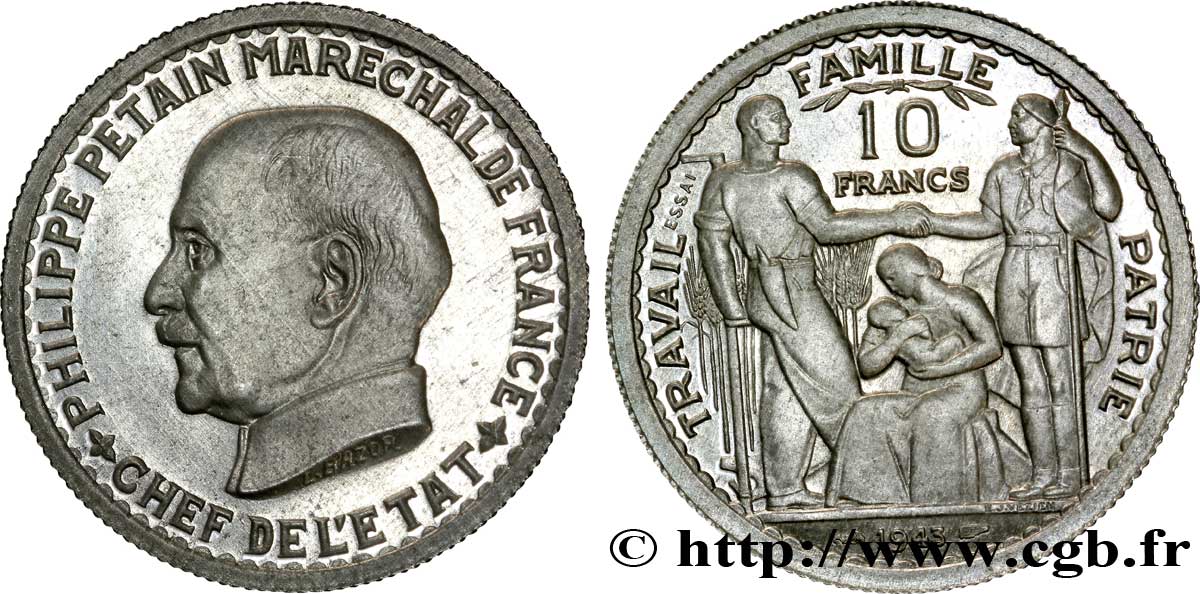 Essai de 10 francs Pétain en aluminium de Bazor/Vézien 1943  G.809 var SUP 