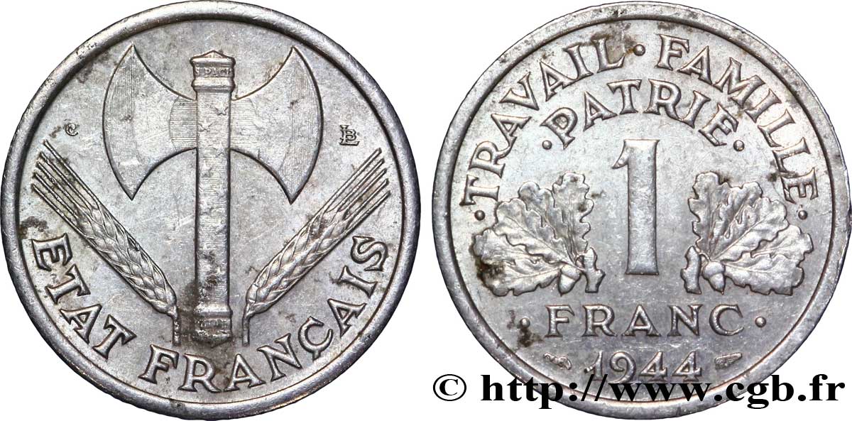 1 franc Francisque, légère, petit C 1944 Castelsarrasin F.223/8 MBC 
