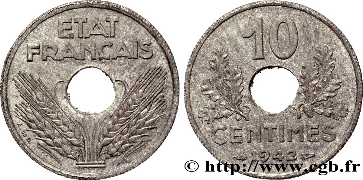 10 centimes, État français, grand module, frappe courante 1942  F.141/4 SUP 