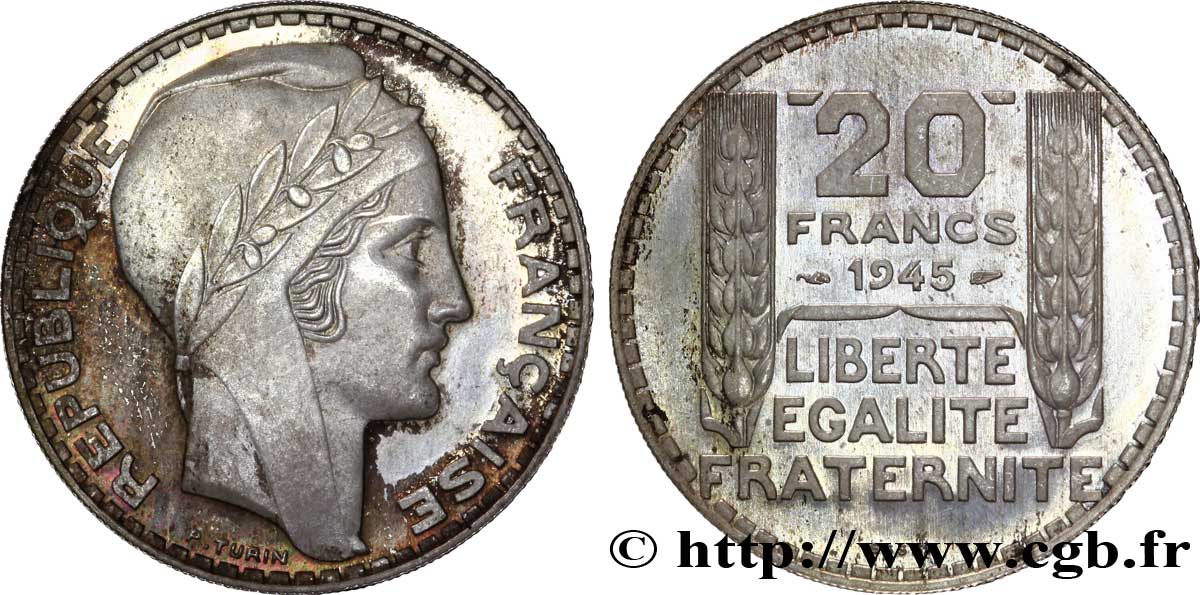 Essai de 20 francs Turin en argent, rameaux courts, lourd 1945  Maz.2745 var. SPL 