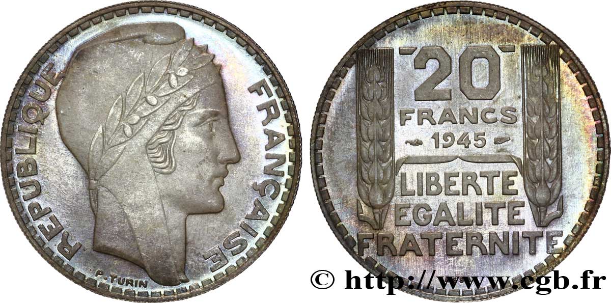 Essai de 20 francs Turin en argent, rameaux courts, léger 1945  Maz.2745 var. MS 