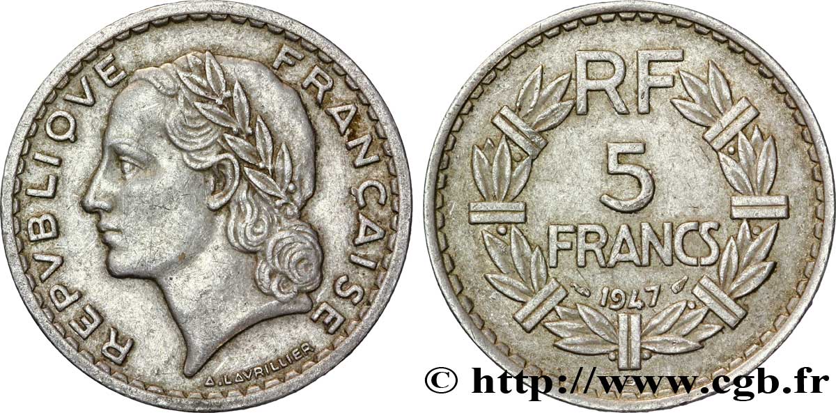 5 francs Lavrillier aluminium, 9 ouvert, frappe médaille 1947 Beaumont-Le-Roger F.339/11 var. TB 