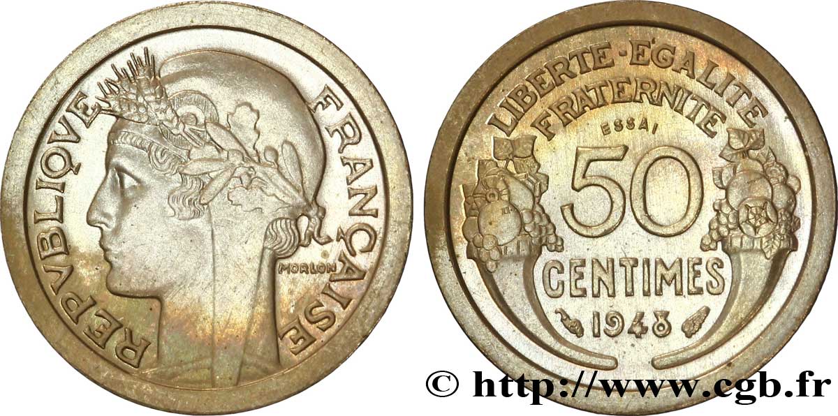 Essai léger et étroit de 50 centimes Morlon en cupro-nickel (?) 1948  Maz.2751 (1946) SC 