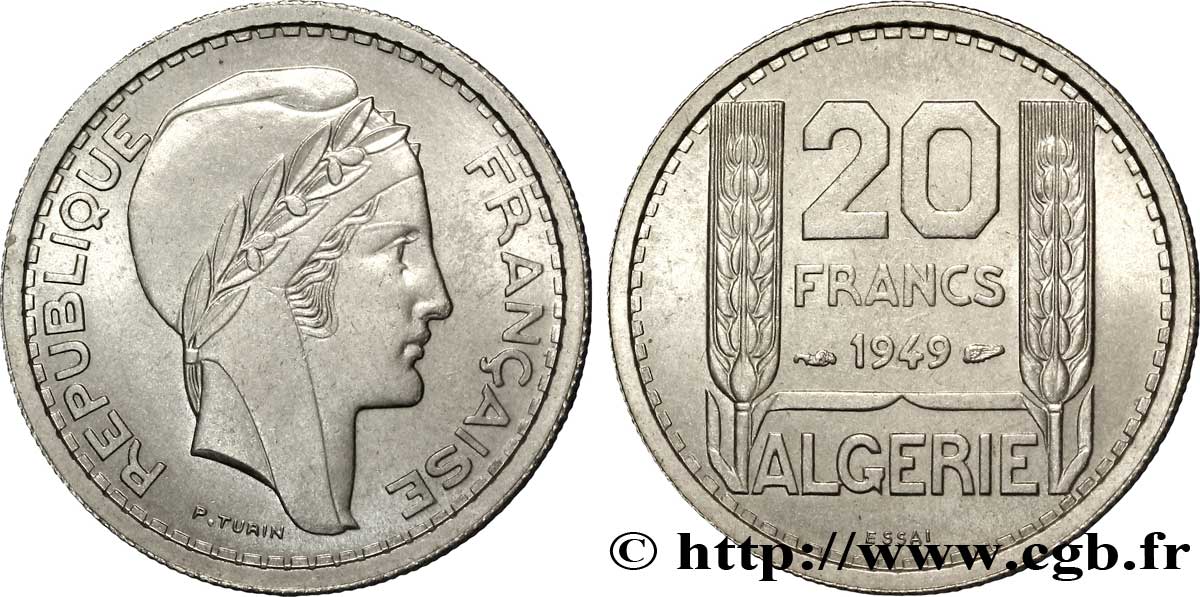 ALGÉRIE - QUATRIÈME RÉPUBLIQUE Essai de 20 francs Turin 1949 Paris fST 