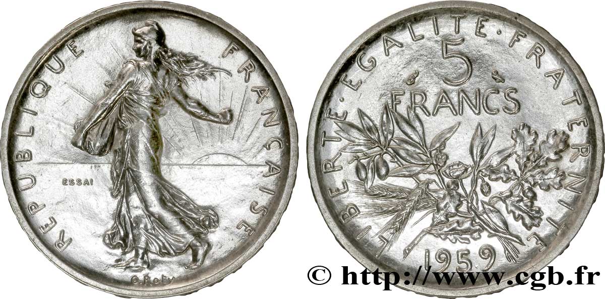 Essai de 5 francs Semeuse, argent, grand 5 1959  F.340/1 SUP 