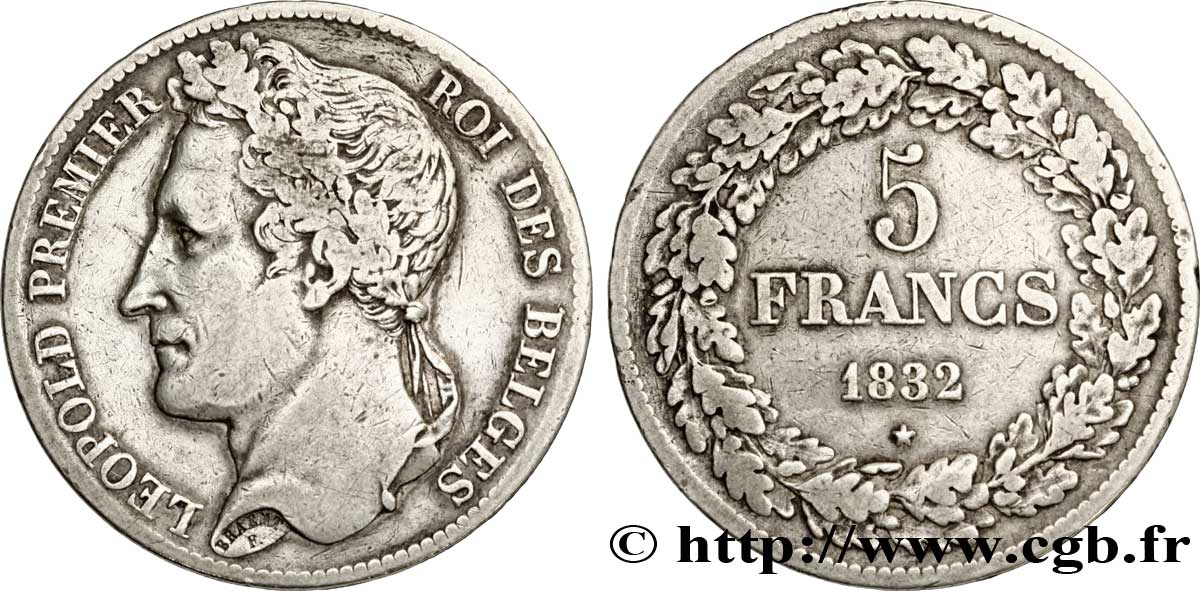 BELGIUM - KINGDOM OF BELGIUM - LEOPOLD I 5 francs Léopold Ier, tête laurée, tranche en creux 1832 Bruxelles VF 
