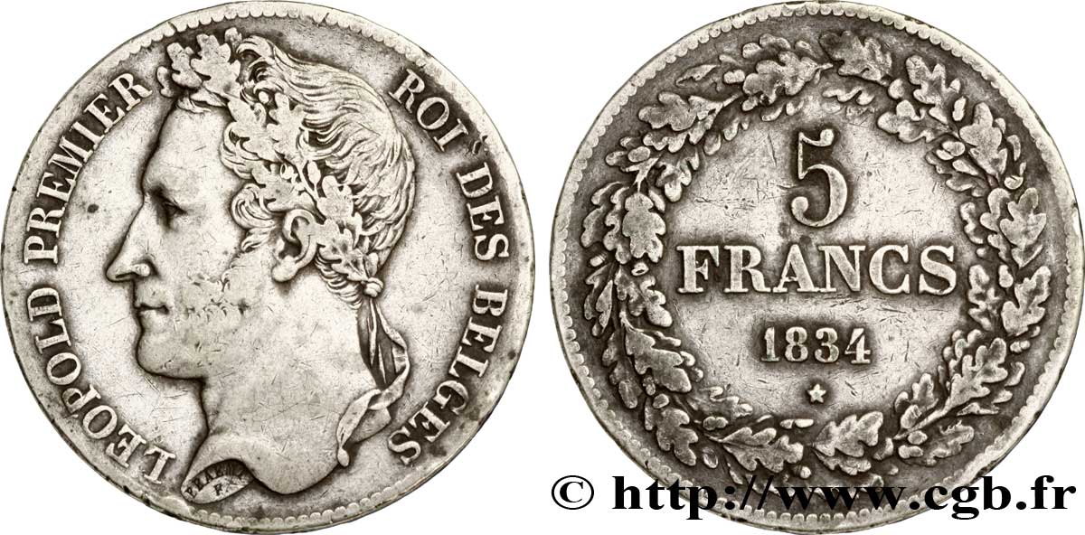 BELGIUM - KINGDOM OF BELGIUM - LEOPOLD I 5 francs Léopold Ier, tête laurée, tranche en creux 1834 Bruxelles XF 