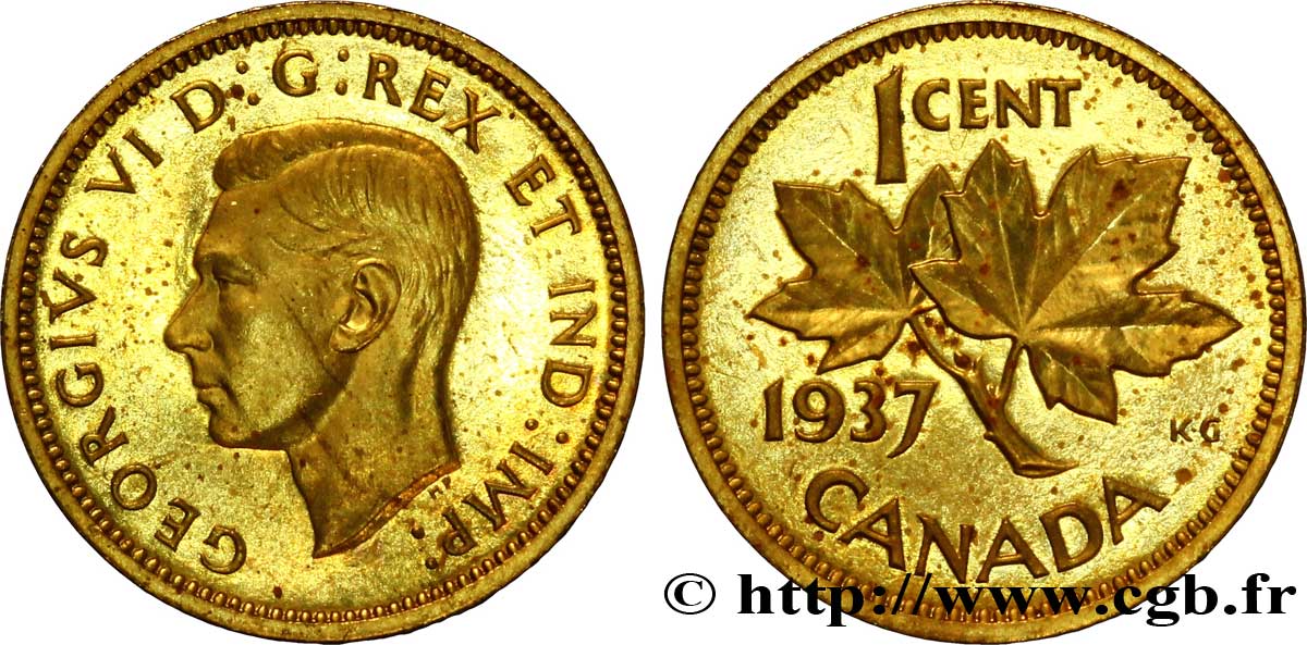 CANADA - GEORGES VI Épreuve de 1 cent en laiton 1937  fST 