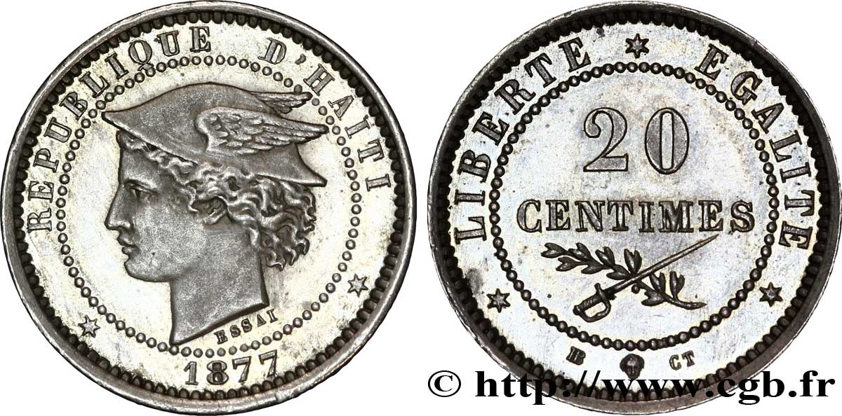 HAITI - REPUBLIC Essai de 20 centimes buste au pégase 1877  VZ 