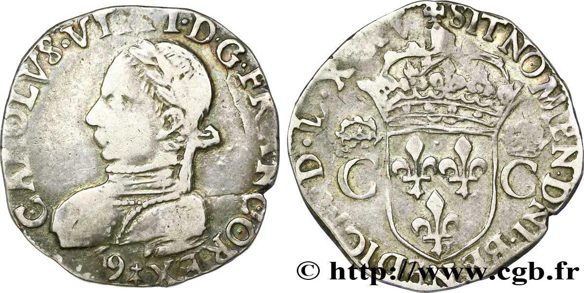 HENRI III. MONNAYAGE AU NOM DE CHARLES IX Teston, 2e type 1575 (MDLXXV) Rennes TB+/TTB