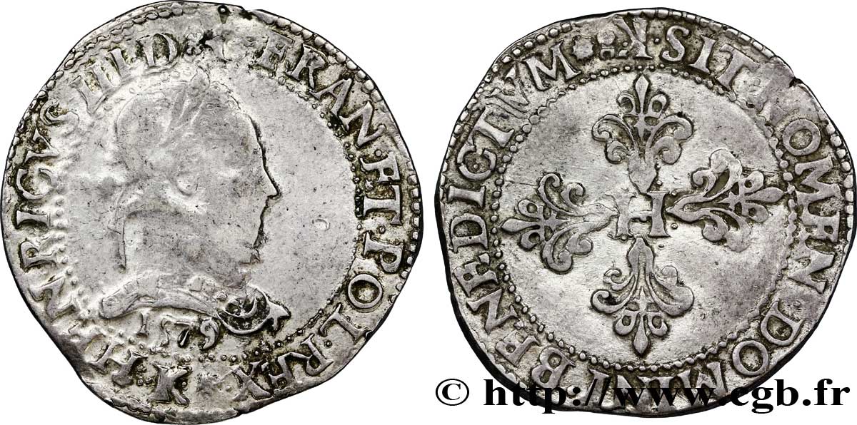 HENRI III Franc au col plat 1579 Bordeaux TB+/TTB