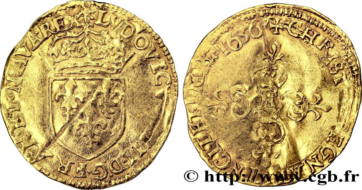 LOUIS XIII LE JUSTE Demi-écu d or au soleil, 1er type 1636 Toulouse TTB