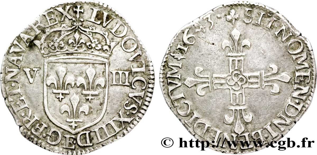LOUIS XIII LE JUSTE Huitième d écu, à la croix fleurdelisée, titulature côté écu 1643 Tours TTB+