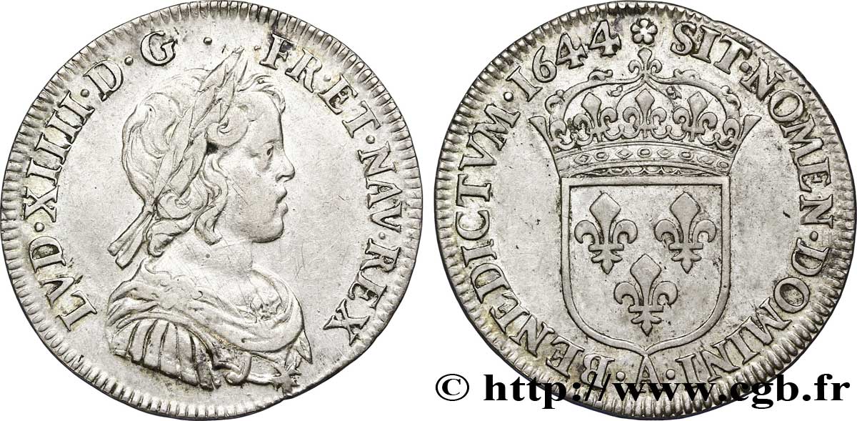 LOUIS XIV LE GRAND OU LE ROI SOLEIL Quart d écu à la mèche courte 1644 Paris, Monnaie de Matignon TTB
