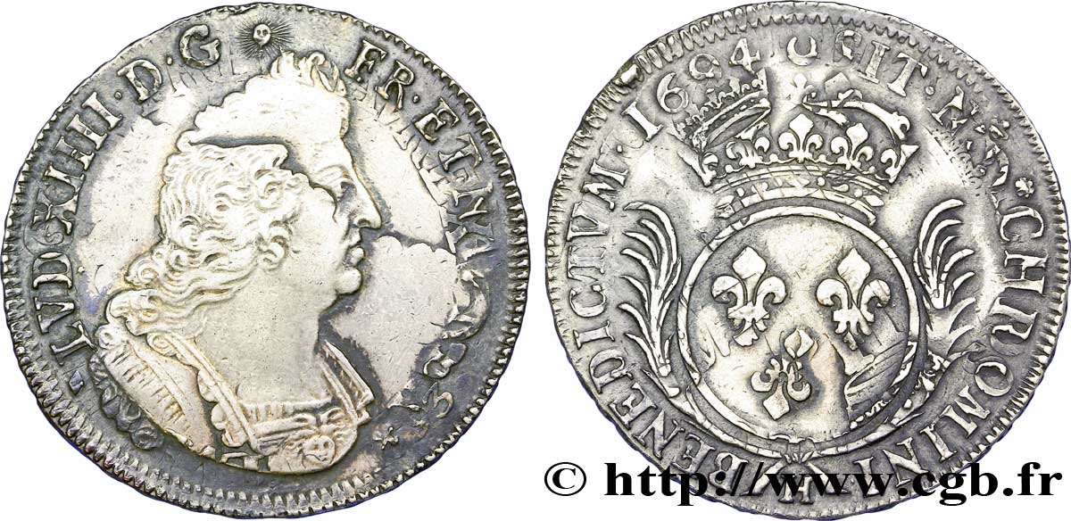 LOUIS XIV LE GRAND OU LE ROI SOLEIL Écu aux palmes 1694 La Rochelle TB+/TTB