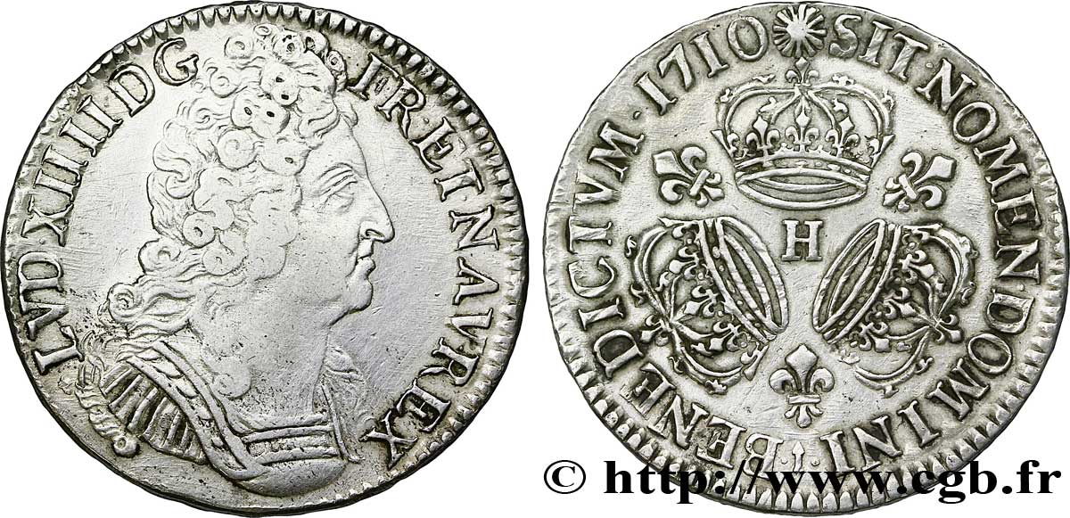 LOUIS XIV LE GRAND OU LE ROI SOLEIL Écu aux trois couronnes 1710 La Rochelle TTB/TTB+