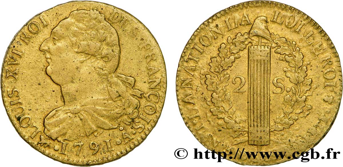 LOUIS XVI (MONARQUE CONSTITUTIONNEL)  2 sols dit  au faisceau , type FRANÇOIS 1791 Paris TTB+