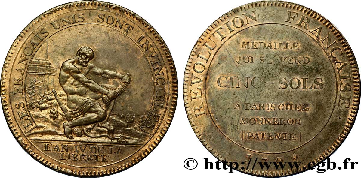 REVOLUTION COINAGE Monneron de 5 sols à l Hercule, frappe monnaie 1792 Birmingham, Soho AU