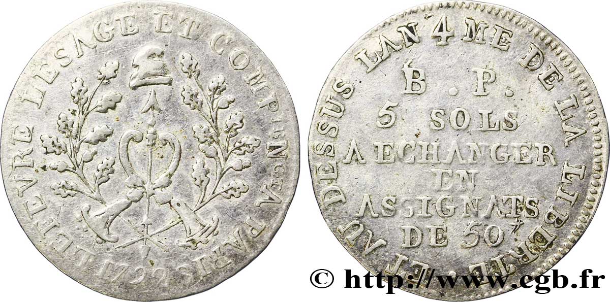 CONFIANCE (MONNAIES DE...) 5 sols de Lefèvre Lesage et Cie 1792 Paris TB+/TTB