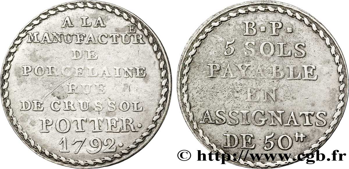 REVOLUTION COINAGE Bon pour 5 sols, 1er type 1792 Paris BC+