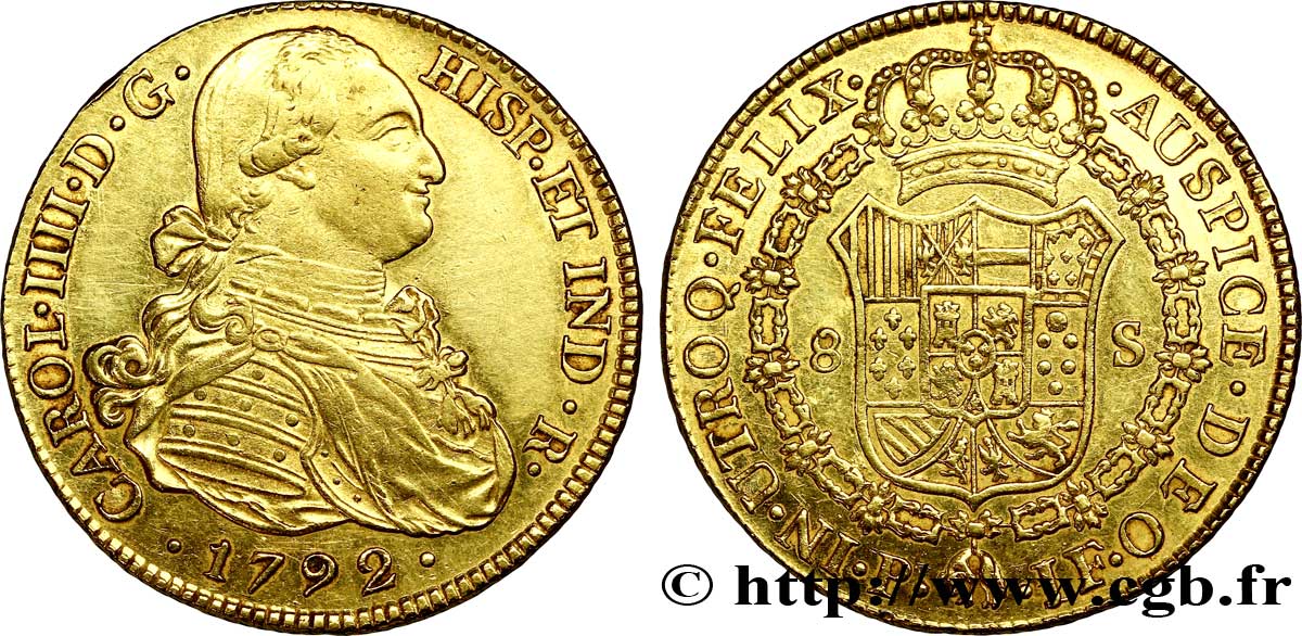 CHILI - CHARLES IV 8 escudos en or 1792 Popayan MBC+
