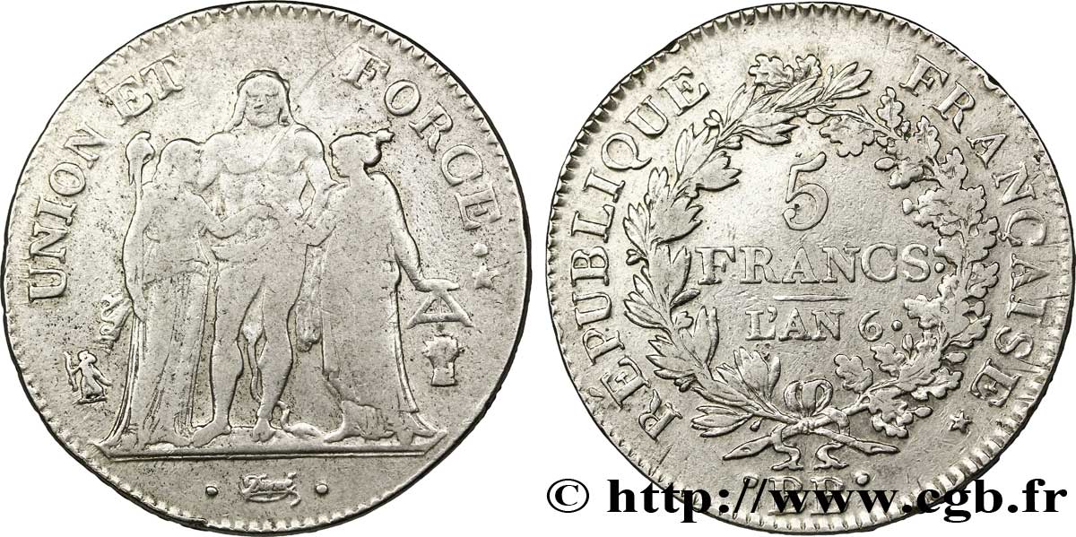 5 francs Union et Force, Union serré, avec glands intérieurs et gland extérieur 1798 Strasbourg F.288/50 TB 
