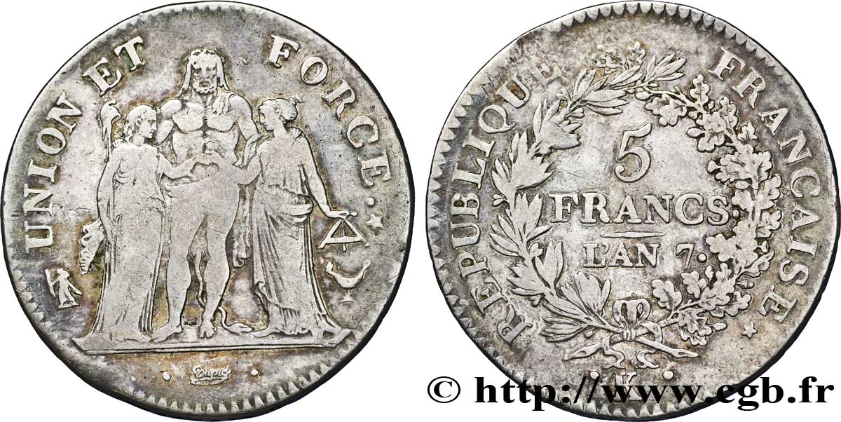 5 francs Union et Force, Union desserré, avec glands intérieurs et gland extérieur 1799 Bordeaux F.291/23 TB 