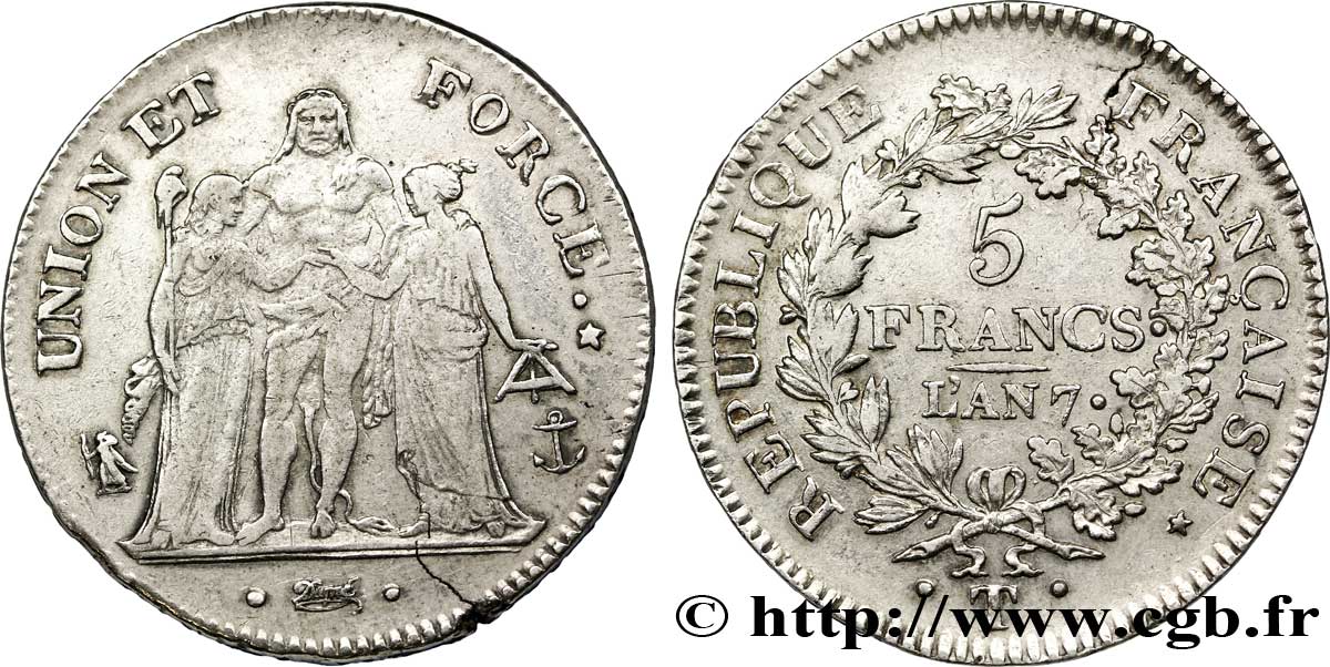5 francs Union et Force, Union serré, seulement gland extérieur, petite feuille 1799 Nantes F.288/125 XF 