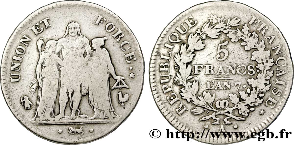 5 francs Union et Force, Union serré, gland intérieur haut, gland extérieur, petite feuille 1799 Paris F.288/100 TB 