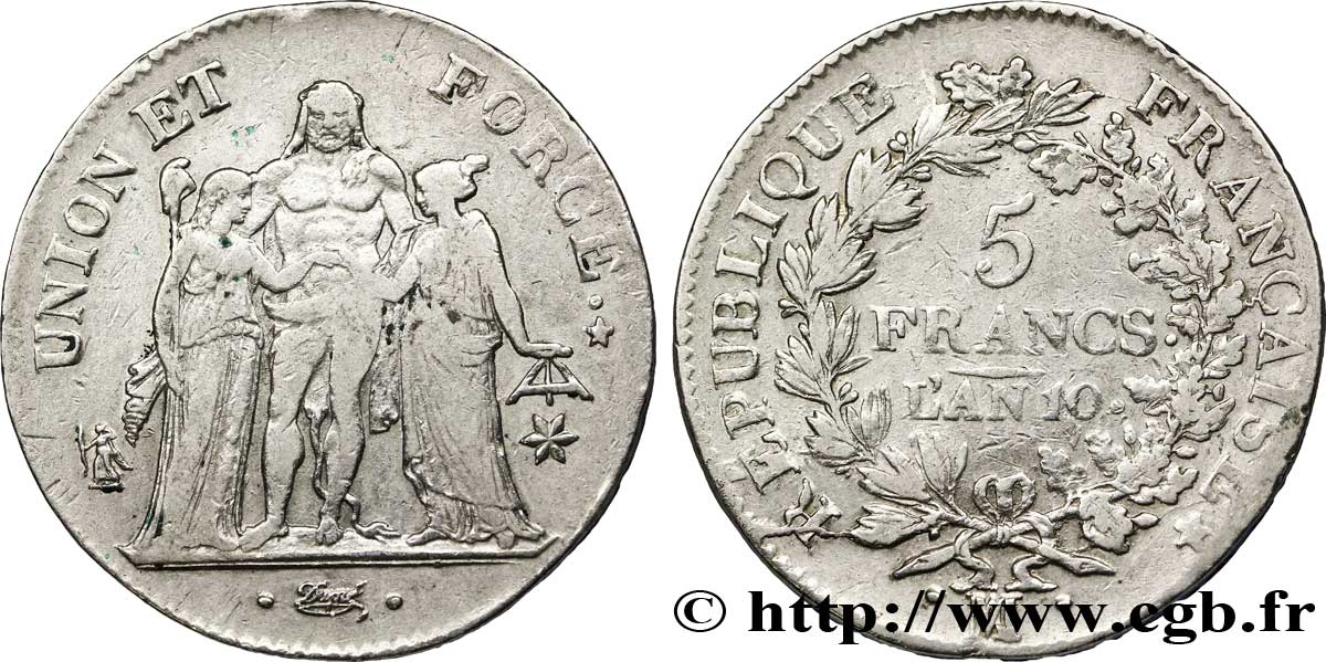 5 francs Union et Force, Union serré, avec glands intérieurs et gland extérieur 1802 Marseille F.288/182 TB 