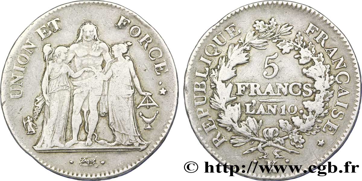 5 francs Union et Force, Union serré, seulement glands intérieurs 1802 Bordeaux F.288/177 BC 