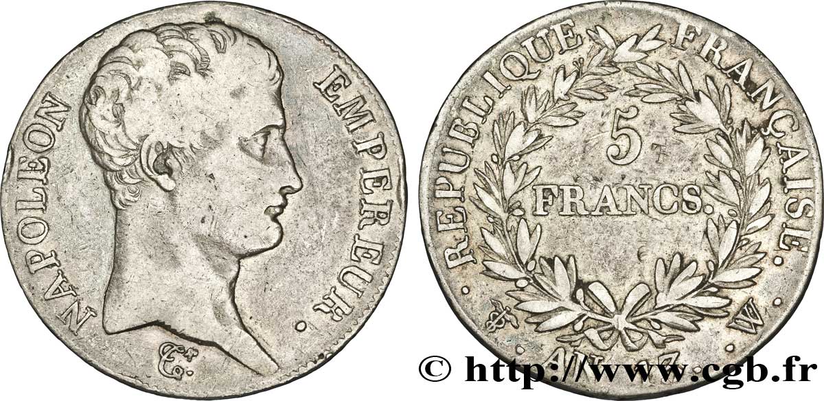 5 francs Napoléon Empereur, Calendrier révolutionnaire 1805 Lille F.303/18 TB 