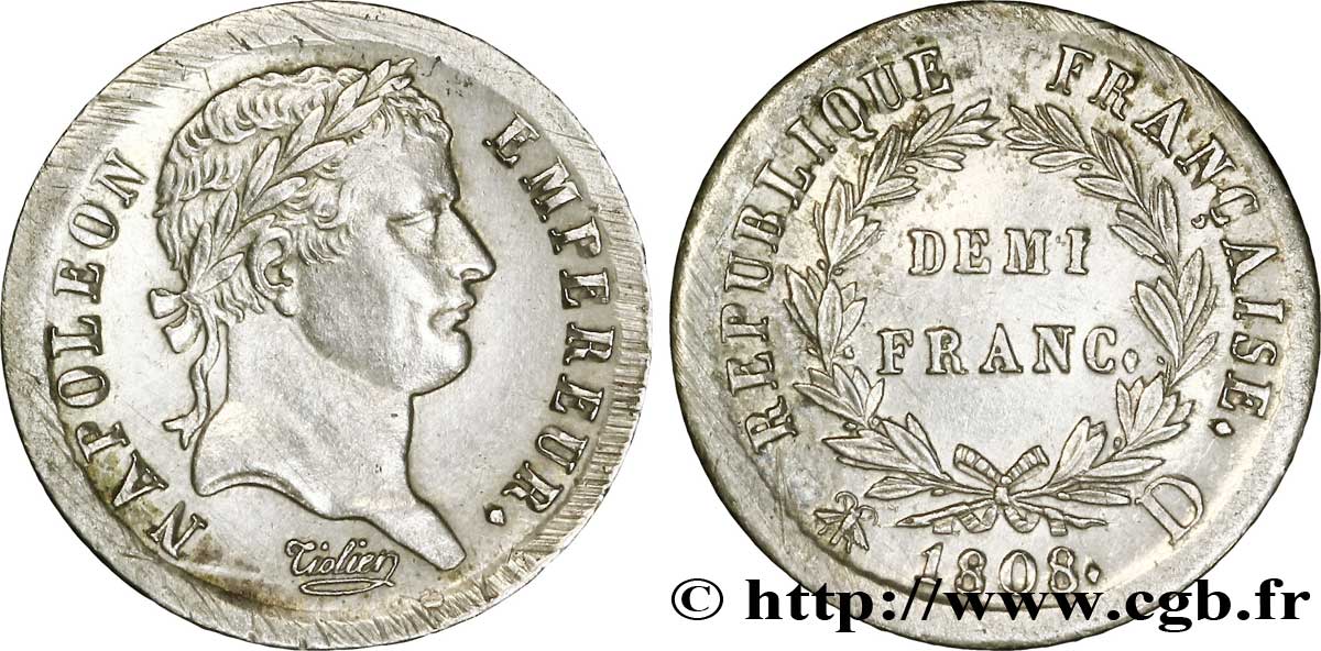 Demi-franc Napoléon Ier tête laurée, République française 1808 Lyon F.177/5 TTB 