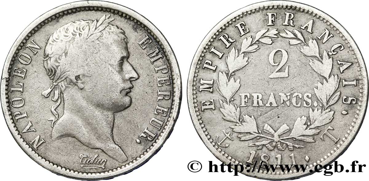 2 francs Napoléon Ier tête laurée, Empire français 1811 Nantes F.255/35 TB 