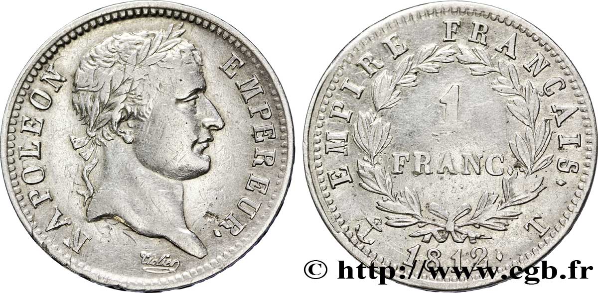 1 franc Napoléon Ier tête laurée, Empire français 1812 Nantes F.205/54 MBC 