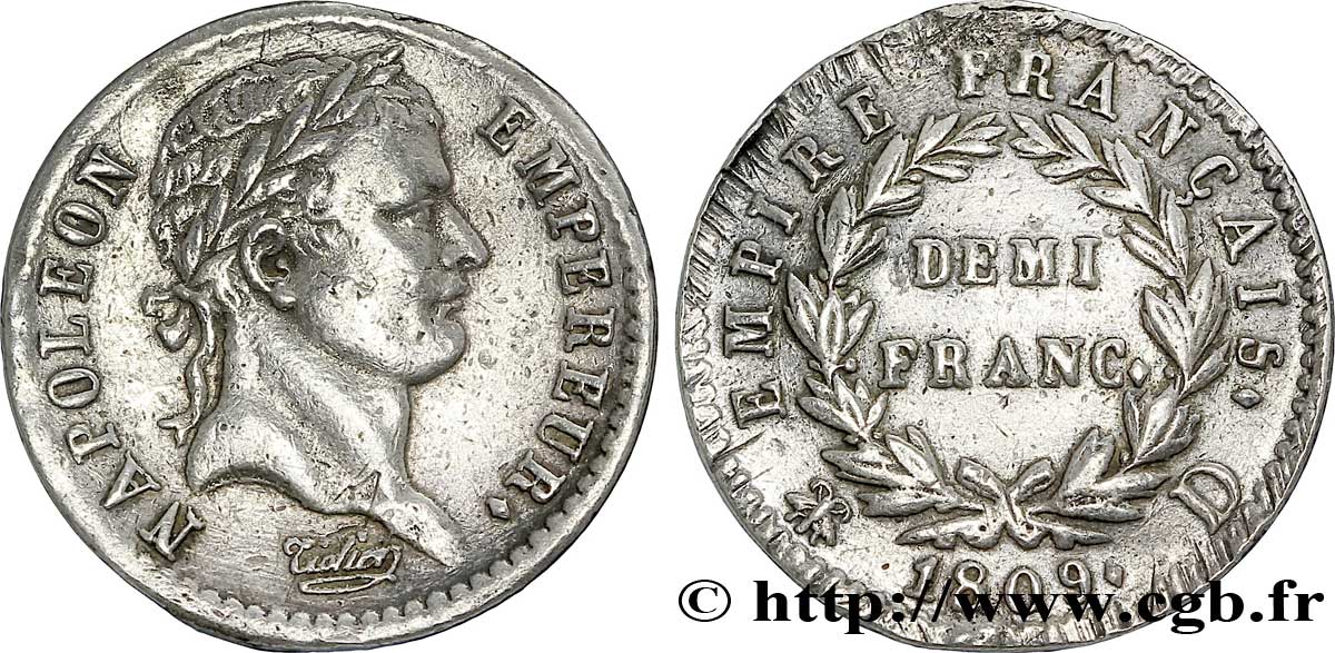 Demi-franc Napoléon Ier tête laurée, Empire français 1809 Lyon F.178/3 TTB 