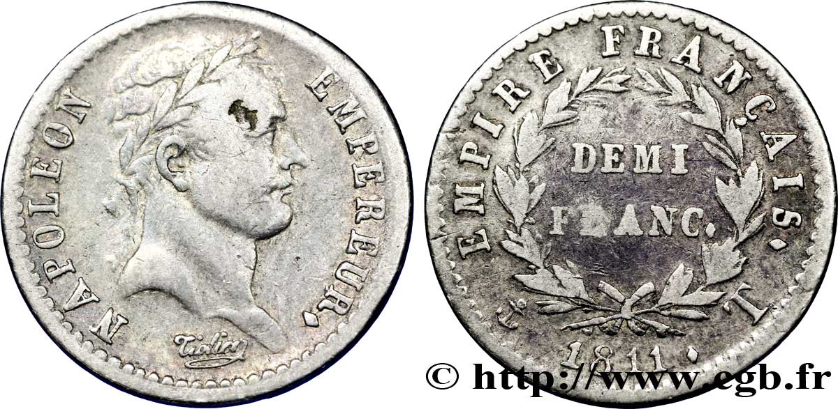 Demi-franc Napoléon Ier tête laurée, Empire français 1811 Nantes F.178/32 TB 