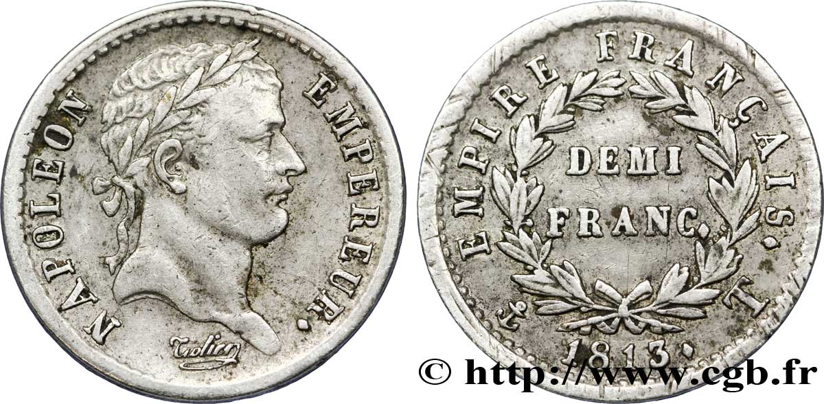 Demi-franc Napoléon Ier tête laurée, Empire français 1813 Nantes F.178/60 TTB 