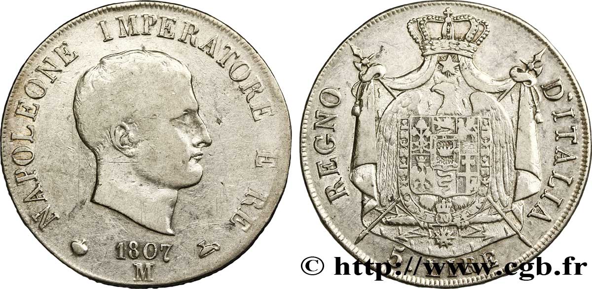 5 lire Napoléon Empereur et Roi d’Italie, 1er type, tranche en relief 1807 Milan M.216  TB 