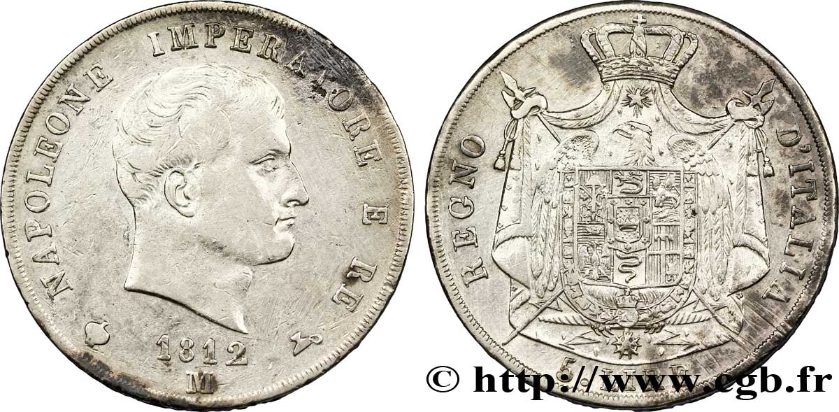 5 lire Napoléon Empereur et Roi d’Italie, 2ème type, tranche en creux 1812 Milan M.226  MBC 