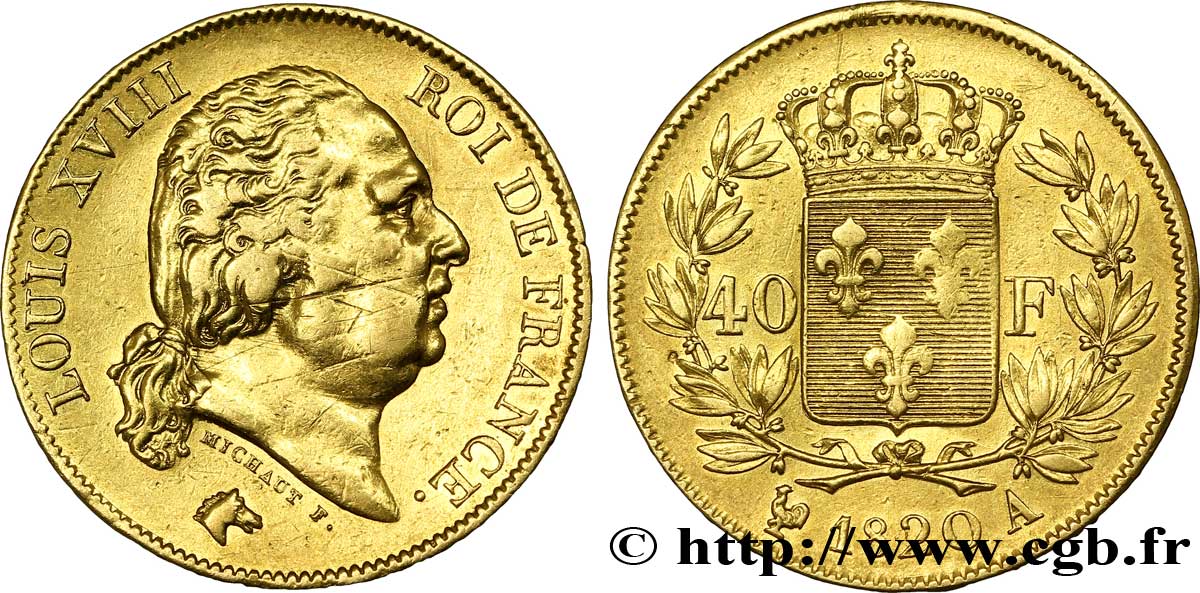 40 francs or Louis XVIII 1820 Paris F.542/10 MBC 